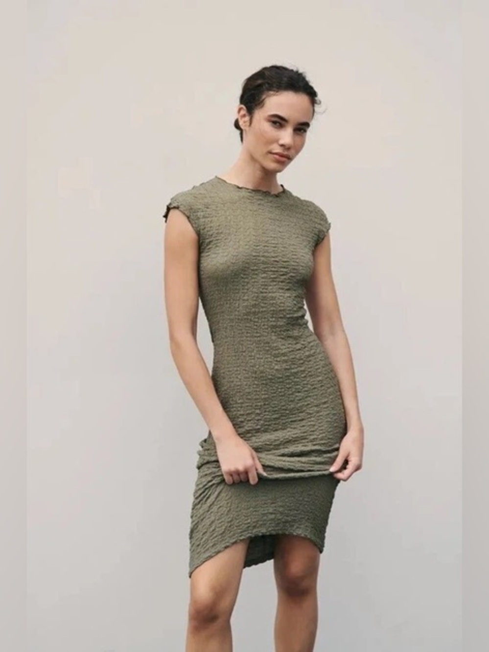Zara Green Cap Sleeve Textured Midi Dress Size Large - Picture 3 of 13